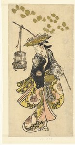 Jeune femme avec cage à oiseaux - Okumura Toshinobu (attributed to)