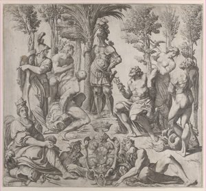 Composition allégorique avec six dieux olympiens autour d