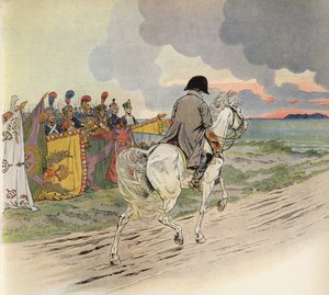 Image imaginaire de Napoléon à cheval, recevant le respect des soldats d
