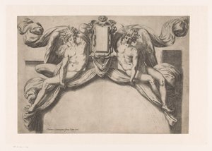 Conception pour un encadrement de porte avec deux génies tenant une cartouche - Orazio de Santis (attributed to)