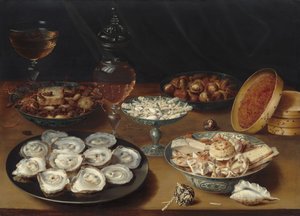 Plats avec huîtres, fruits et vin - Osias Beert the Elder