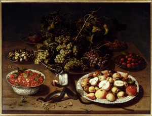 Nature morte de fruits avec singe et papillons