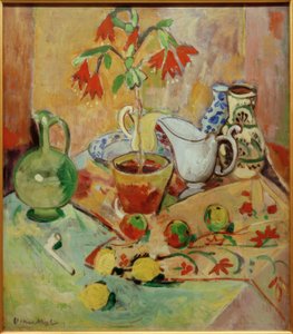 Nature morte avec plante en pot, cruches, fruits et pipe - Oskar Moll