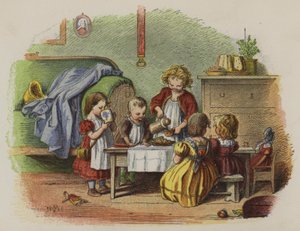 Groupe de petites filles jouant à prendre le thé (lithographie en couleur) - Oskar Pletsch