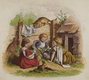 Trois filles jouant avec leurs lapins de compagnie, observées par un chat - Oskar Pletsch