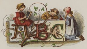 Trois filles pratiquant leur écriture (lithographie en couleur) - Oskar Pletsch