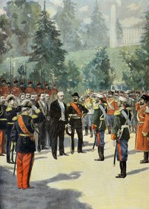 Felix Faure est accueilli par Nicolas 2 à Peterhof en 1897 (Gravure)
