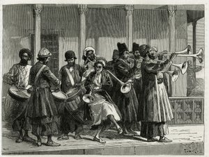 Musiciens saluant le lever du soleil à Ispahan. Gravure pour illustrer l