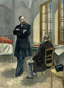Paul Deroulede en prison reçoit son avocat Oscar Falateuf en 1899 (Gravure)