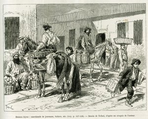 Petits commerces, marchands de journaux, laitiers, vendeurs de fruits, etc. dans les rues de Buenos Aires (Argentine). Gravure par Tofani pour illustrer l