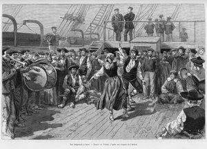 Les émigrants à bord. Gravure par Tofani pour illustrer l
