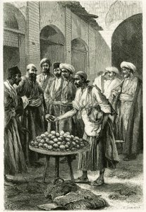 Le marchand de poissons à Kachan (ou Kashan, dans la province de Téhéran, Iran actuel). Gravure par Tofani, d