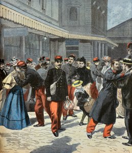 The return of the class. Apres leur service militaire, les soldats retrouvent leurs familles 1897 (Engraving)