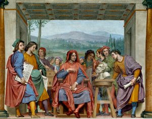 Laurent de Médicis (1449-1492) (Laurent le Magnifique : Lorenzo il Magnifico) assis au milieu des artistes florentins Il admire une tête de faune de Michel-Ange. Fresque d