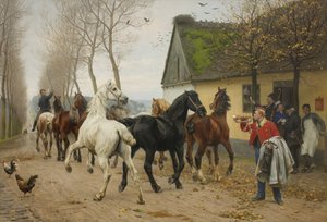 Une file de chevaux devant une auberge