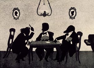Partie de cartes entre Johannes Brahms, Richard Strauss et Hans Richter, silhouette noire par Otto Bohler