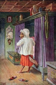 Carte postale représentant le loup déguisé en grand-mère du Petit Chaperon Rouge