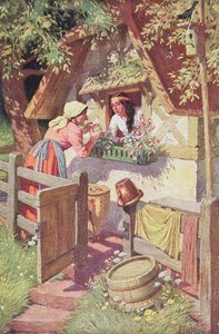 La méchante reine, déguisée en vieille femme, offre la pomme empoisonnée à Blanche-Neige, illustration du conte de fées des frères Grimm 