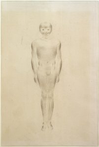 Nu de garçon avec jambes fermées et bras tendus