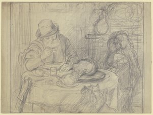Homme à la table à manger avec enfant et chat - Otto Scholderer