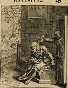Xanthippe vidant un pot de chambre sur Socrate. De Emblemata Horatiana, 1607 - Otto van Veen