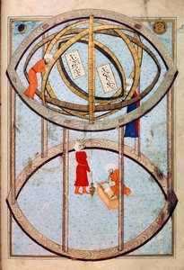 Astronomes manipulant une énorme sphère armillaire et des outils pour mesurer la longitude et la latitude Miniature du manuscrit ms. FY 1404 « Sehinsahname » (ou Shahinshah-nama) « L