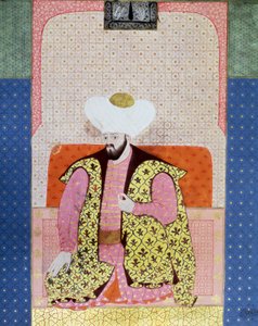 Empire ottoman : Portrait du sultan ottoman Murad II (1404-1451). Miniature du manuscrit « Zubdatat-al-Tawarikh » (Crème des Histoires) par l