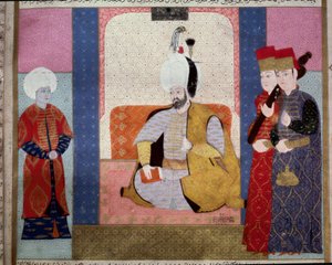 Empire ottoman : Sultan Murad III entouré de courtisans. Miniature du « Zubdat al Tawarikh » (Ms. 1973, fol. 59b) par Seyyd Lokman Ashuri, 1583. Musée d