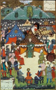 Empire ottoman : représentation du sultan Soliman (Suleyman) I dit le Magnifique (1520-1566) à sa cour. Miniature tirée du 