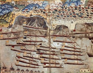 Empire ottoman: représentation de la flotte de Barberousse face à la ville de Nice. Miniature tirée du 