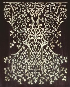 Vitrine, détail du panneau incrusté (bois et nacre) - Owen Jones