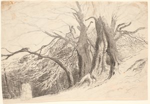 Une pente avec de grands arbres dans une forêt, avec deux dames marchant - P.C. Skovgaard