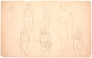 Caricature de A.S. Ørsted, Frederik VII, Christian VIII et probablement Frederik VI - P.C. Skovgaard