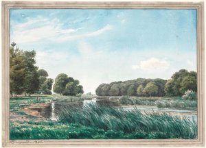 Paysage boisé avec un lac et trois enfants pêchant - P.C. Skovgaard