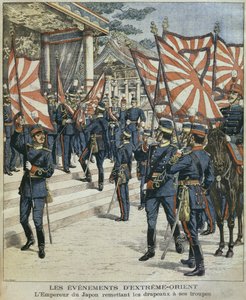 Sa Majesté Impériale Mutsuhito, Empereur du Japon, donnant les drapeaux à ses troupes, illustration de 