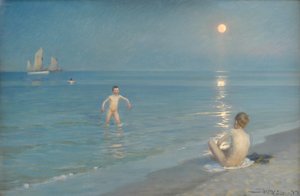 Garçons se baignant à Skagen. Soirée d