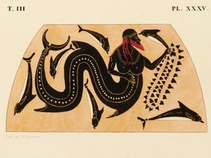 Impression de la décoration sur une amphore grecque, montrant Poséidon accompagné de dauphins, vers 1858