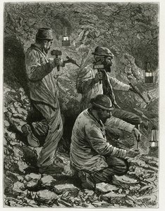 Mineurs extrayant du charbon dans la veine. Gravure par Ferat, pour illustrer le récit « Belgique », par Camille Lemonnier. Publié dans Le Tour du monde, nouveau journal des voyages, 2e semestre 1884, édité par Édouard Charton - P. Ferat