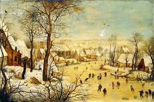 Un village en hiver avec un piège à oiseaux et des patineurs sur une voie d