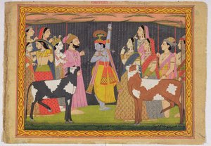 Krishna soulevant le mont Govardhana, du Bhagavata Purana, Kulu, Himachal Pradesh, 1749 - Pahari School