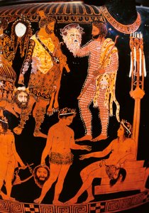Cratère à volutes à figures rouges avec un acteur tenant son masque, de Ruvo, vers 410 av. J.-C. - Painter Pronomos