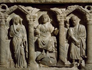 Sarcophage paléochrétien également connu sous le nom de Sarcophage du Bienheureux Gilles, marbre, Oratoire de San Bernardino, Pérouse, Ombrie, Détail, Italie, 4ème siècle