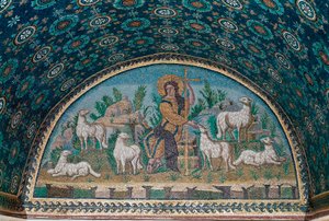 Bon Pasteur. Mosaïque de la lunette au-dessus de la porte d
