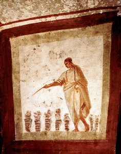Art paléochrétien : Multiplication des pains et des poissons. Fresque des catacombes de la Via Anapo à Rome. 3e et 4e siècles
