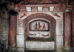 Art paléochrétien : "Hercule (Alcide) ramenant Alceste des Enfers la rend à son mari Admète" Fresque du 4ème siècle après J.-C. Rome, Catacombes de la Via Latina - Art paléochrétien. Hercule ramenant Alceste des Enfers à son mari Admète