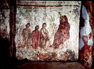 Art paléochrétien : Moïse sauvé des eaux du Nil par la fille de Pharaon. Fresque des catacombes de la Via Latina à Rome. 4e siècle