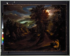 Paysage montagneux boisé avec Antiope endormie