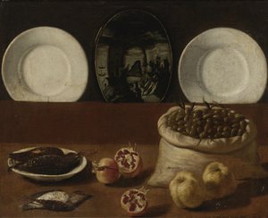 Nature morte avec assiettes, un sac rempli d
