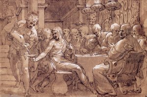 Le souper de Saint Grégoire, dessin par Paolo Farinati (1524-1606), aquarelle gris-brun, plume, plomb blanc et crayon noir, Italie