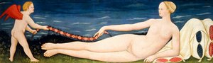 Vénus sur des coussins tenant une guirlande de fleurs avec un putto